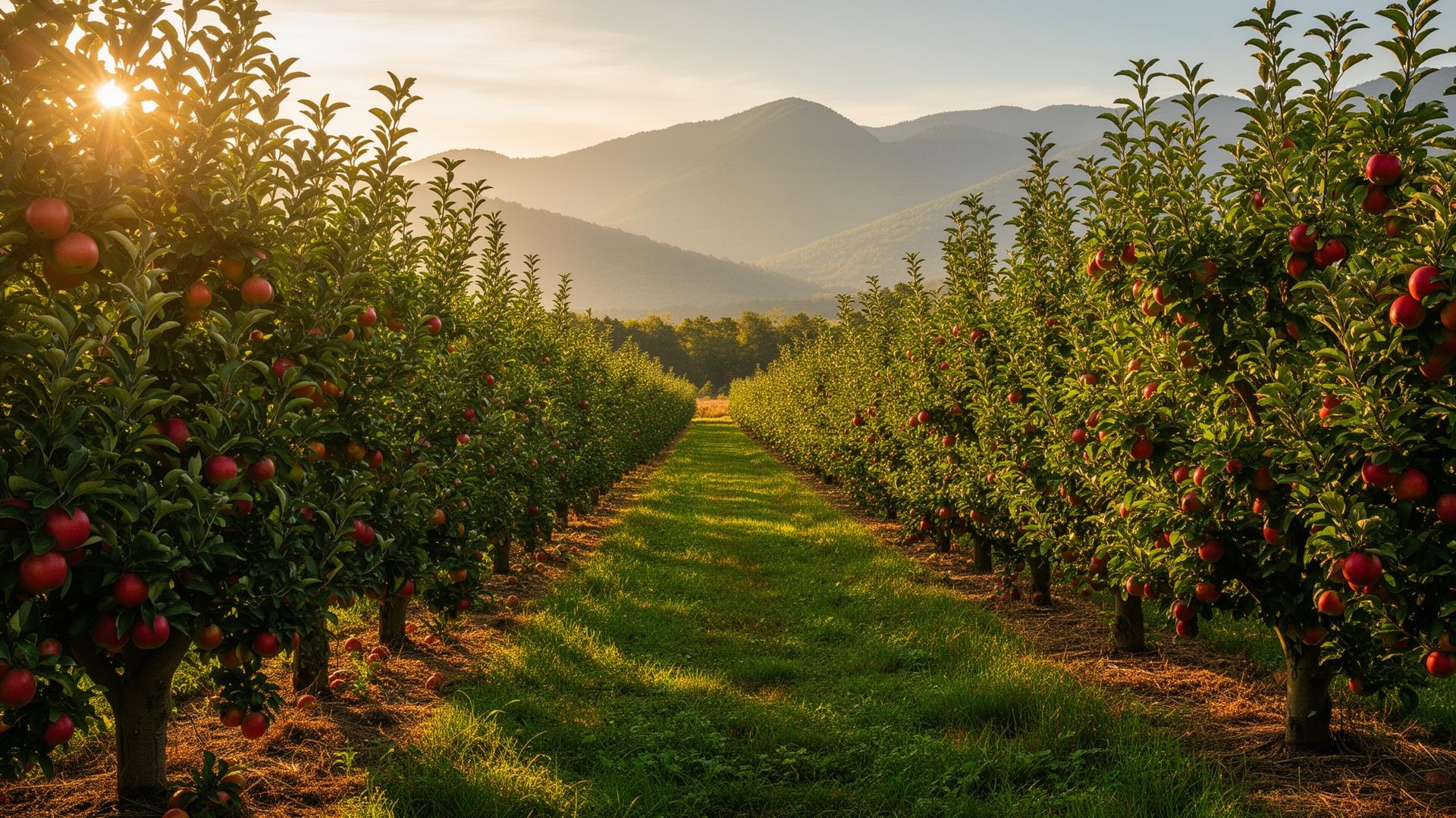 Apple orchard at sunrise in Gori, Georgia